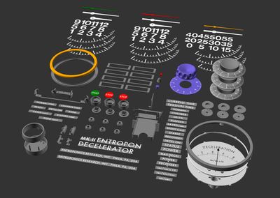 A screenshot of all the 3D-printed parts, as laid out in OpenSCAD.