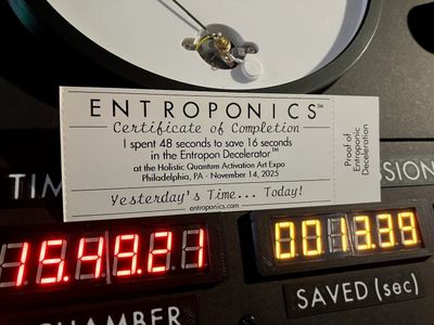 A ticket reading: Certificate of Completion: I spent 48 seconds to save 16 seconds in the Entropon Decelerator at the Holistic Quantum Activation Art Expo, Philadelphia, PA, November 14, 2025.