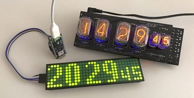 A Nixie clock based on RLB Designs’ Universal Nixie Driver Board and Soviet-era IN-12A and IN-17 tubes, and an LED clock using a series of MAX7218 arrays. Both clocks are driven by an Arduino Nano running my firmware.